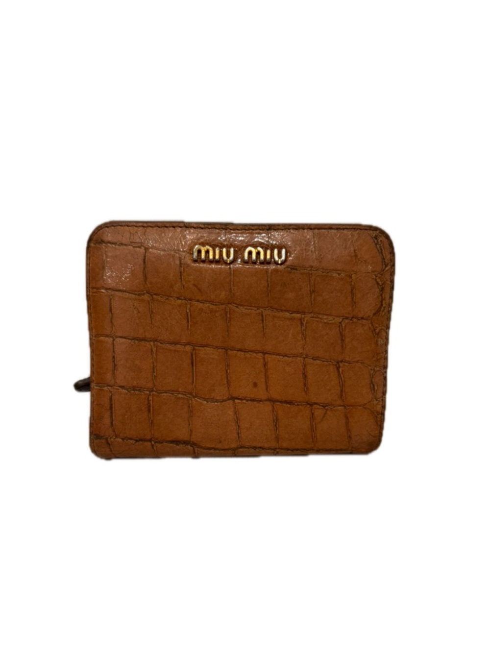 Miu Miu Croc-Embossed Zip Wallet in Tan